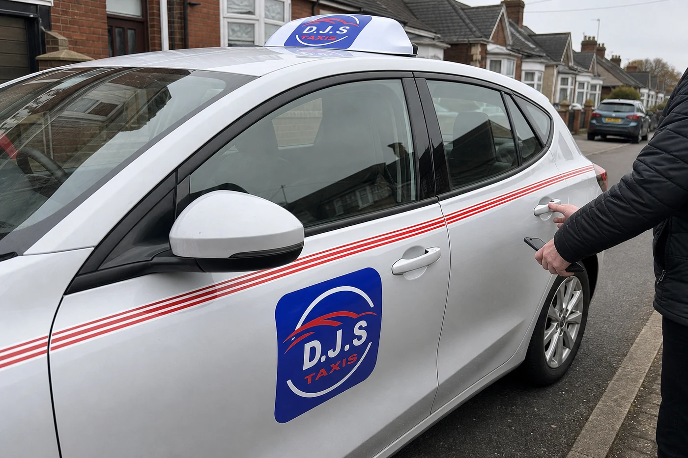 Passenger verifying the licensing badge and door decals of a silver DJ's Taxis car before boarding