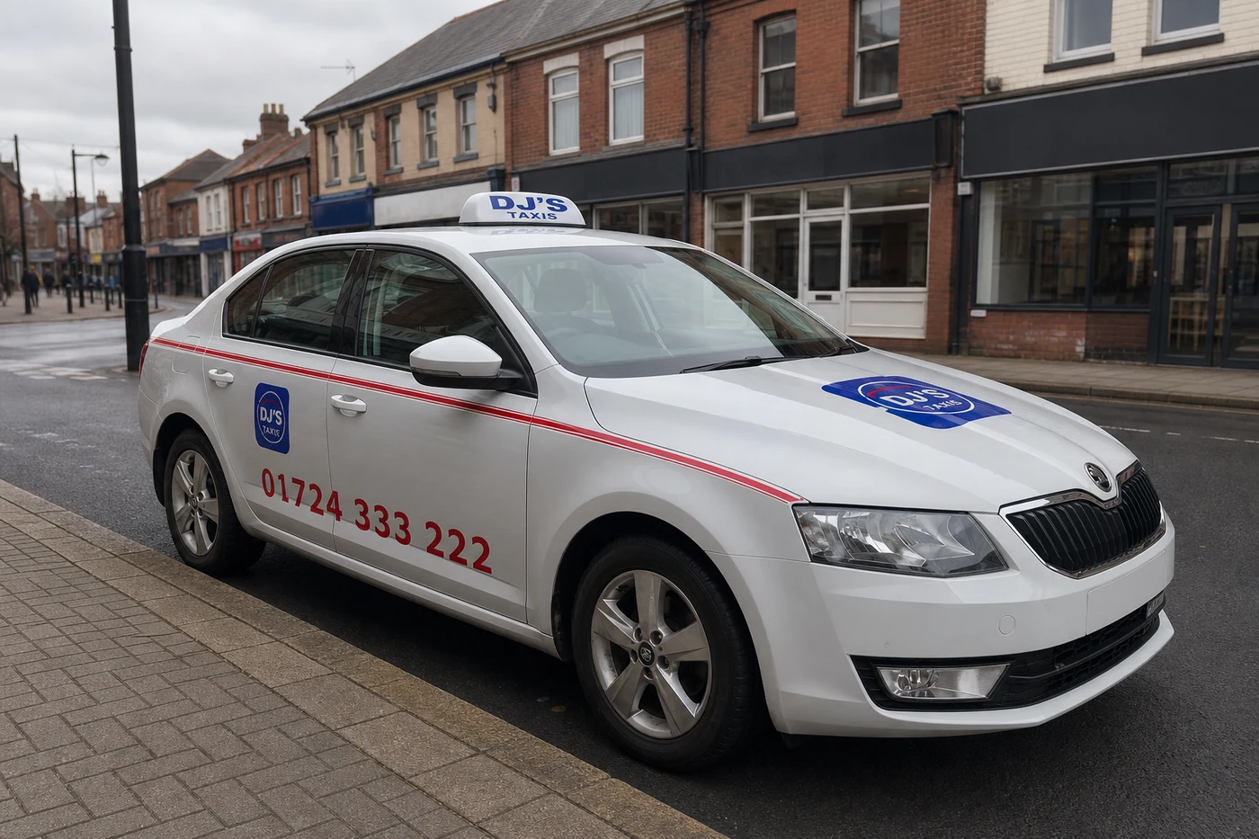 Branded silver Skoda Octavia saloon DJ's Taxis car parked on Ashby High Street in Scunthorpe