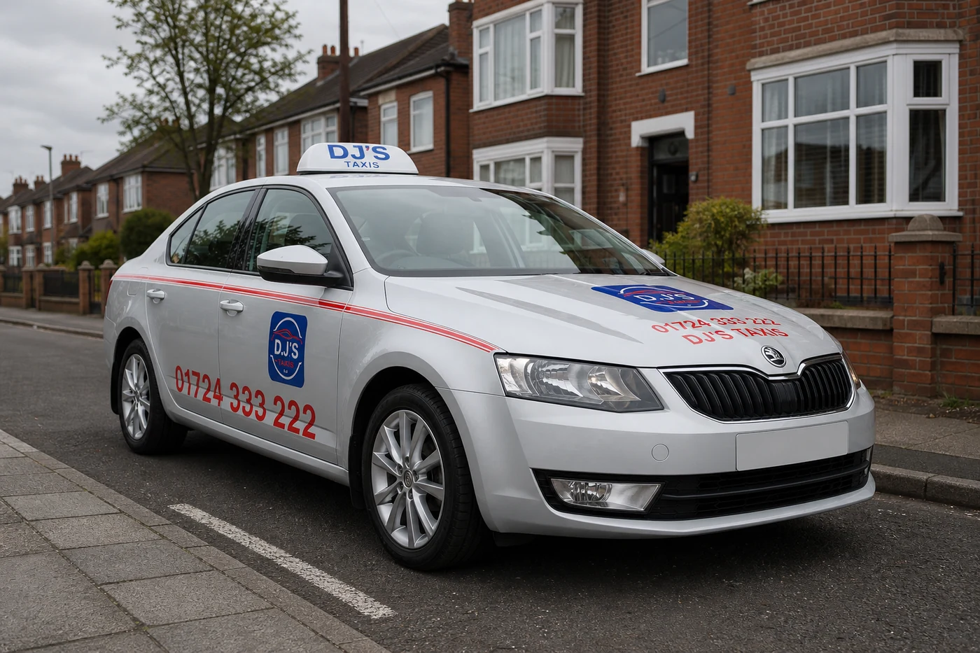 Branded silver Skoda Octavia private hire taxi with yellow North Lincolnshire Council licensing plate