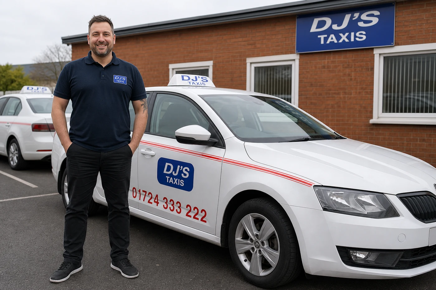 Friendly, professional DJ's Taxis driver in smart polo shirt standing next to a silver Skoda saloon taxi
