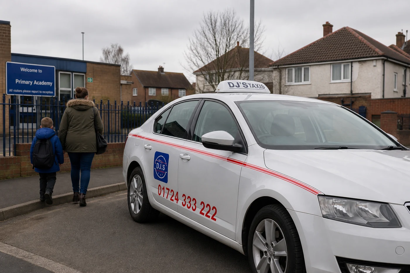 White Ford Puma DJ's Taxis car with taxi roof sign for school runs