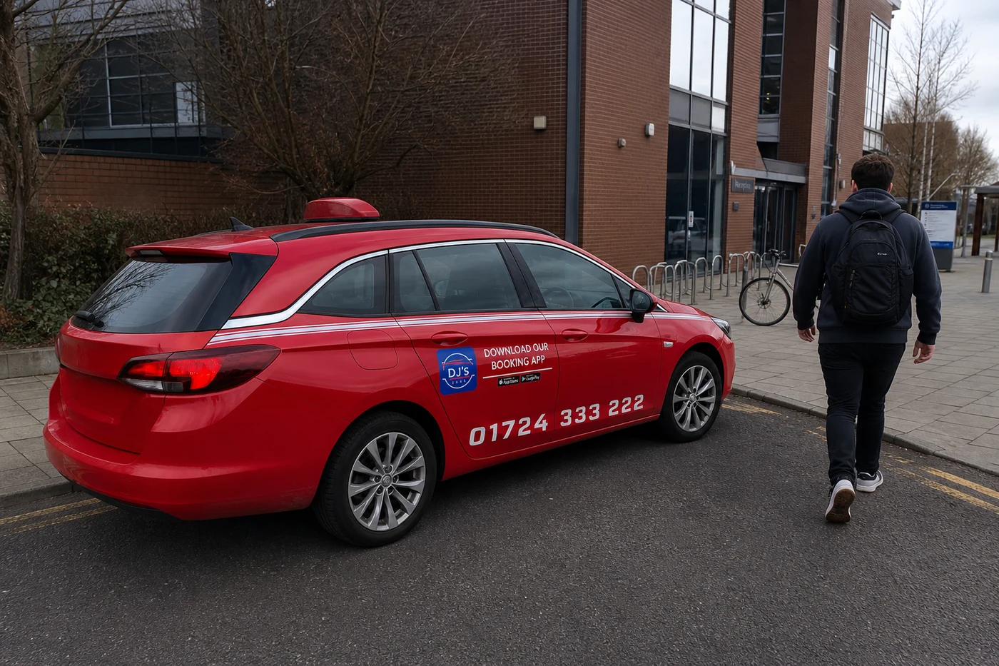 Maroon DJ's Taxis car picking up students outside North Lindsey College student terminal