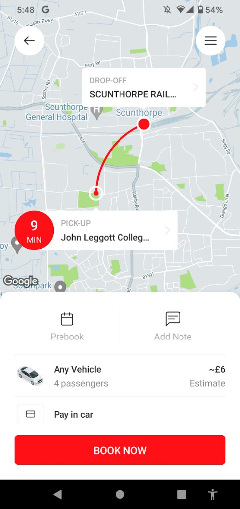 DJ Taxis app booking screen with route, fare estimate and book now button